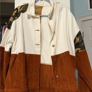 Dry Goods White and Brown Bomber Jacket with Corduroy Accents